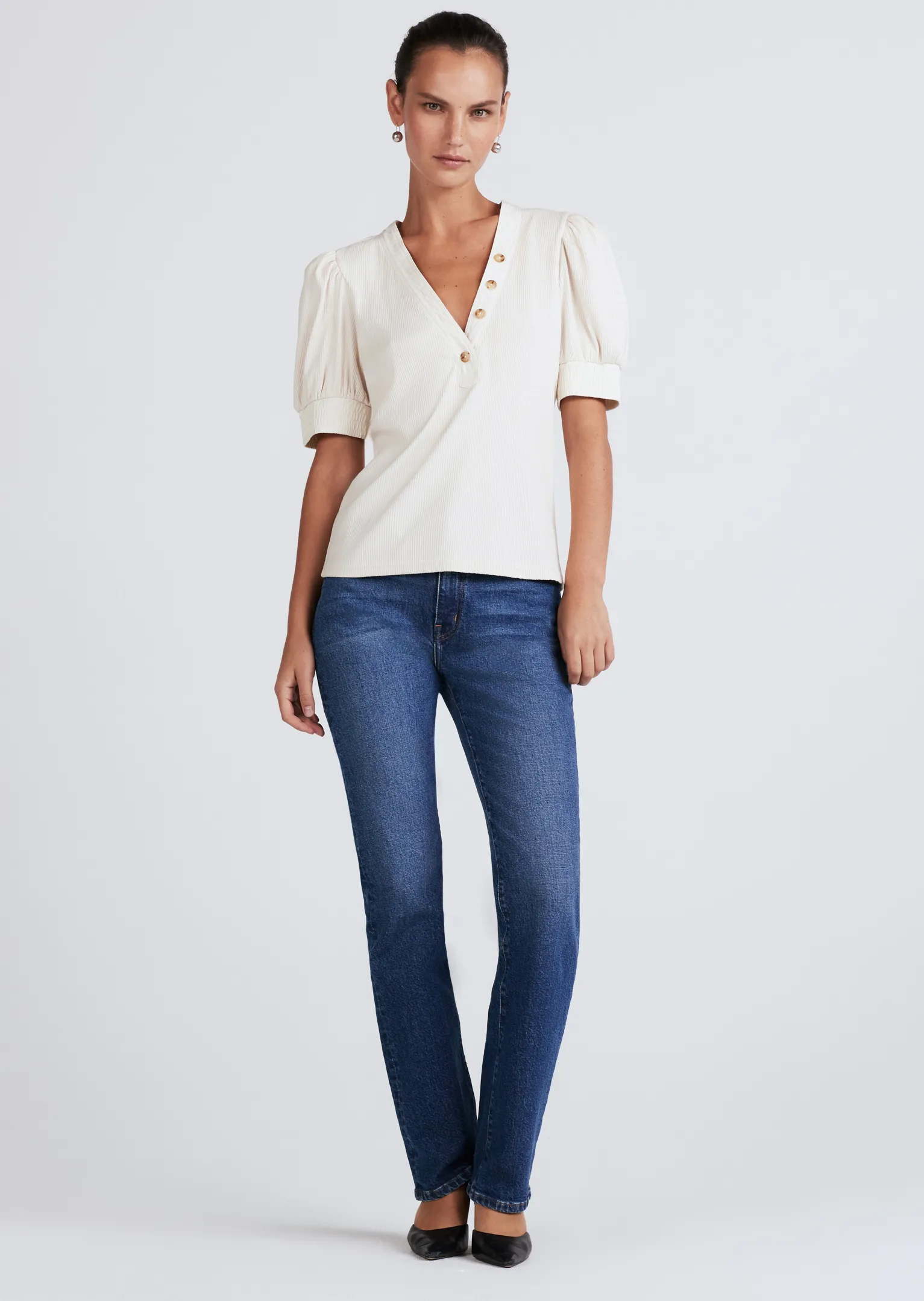 Women Derek Lam Essentials<Heather V-Neck Puff Sleeve T-Shirt