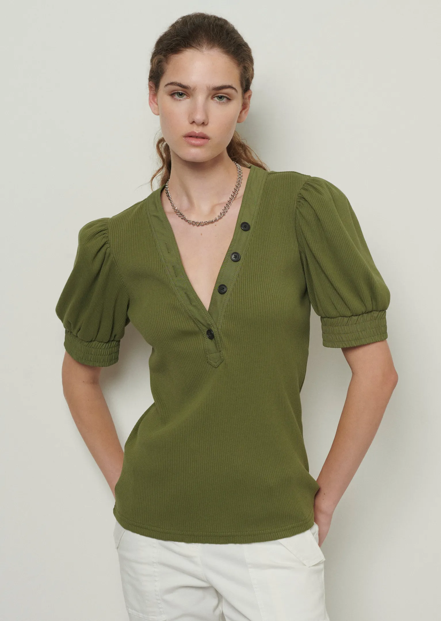 Women Derek Lam Essentials<Heather V-Neck Puff Sleeve T-Shirt
